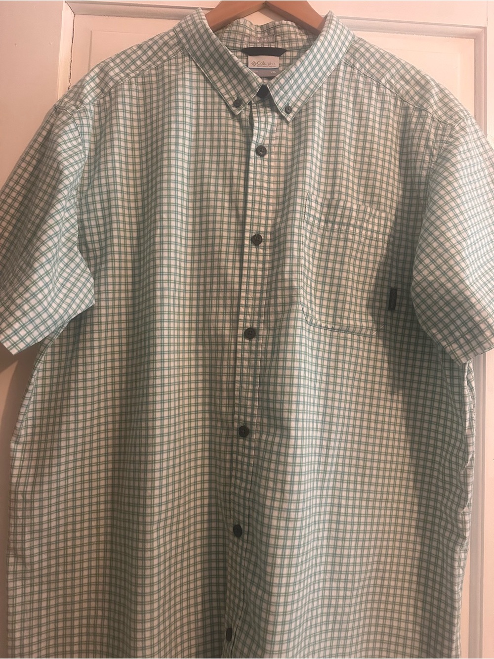 Columbia Men’s XXL Short Sleeve Button Up Shirt Green Yellow White Plaid Regular